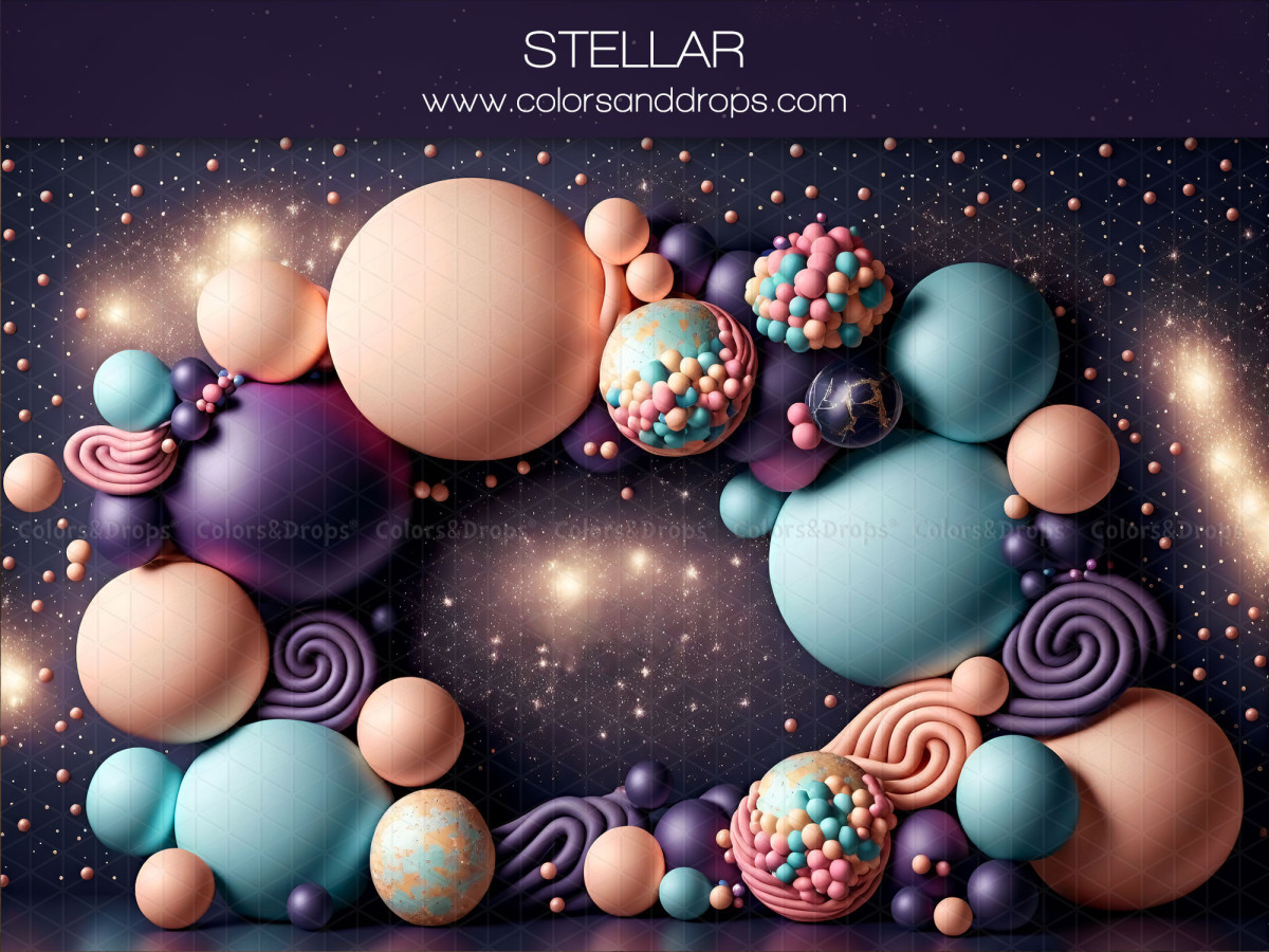 Fond photo bébé et smash cake Stellar – couronne de ballons et sucettes sur fond galaxie | Colors&Drops