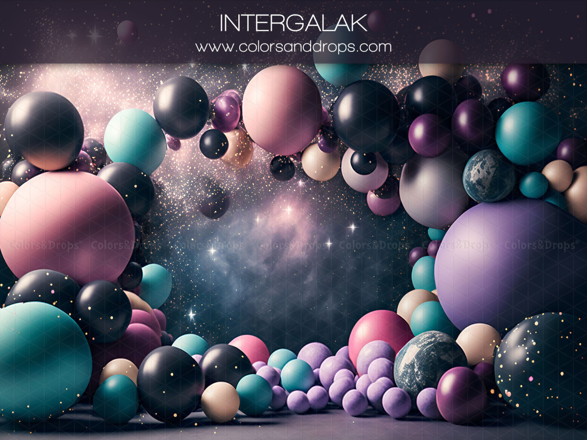 Baby & cake smash photo backdrop Intergalak – multicolored balloon arch on galaxy background | Colors&Drops