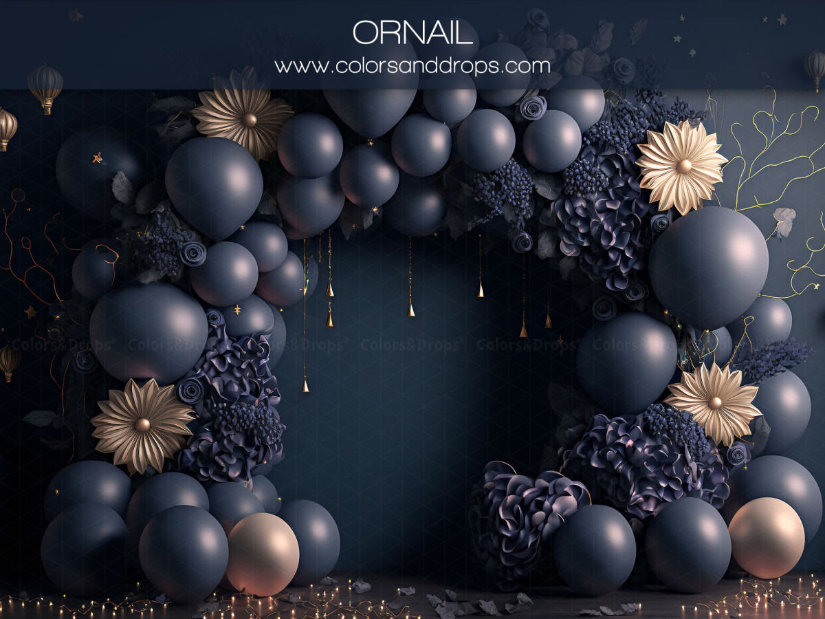 Baby & cake smash photo backdrop Ornail – navy balloon arch with gold flowers | Colors&Drops