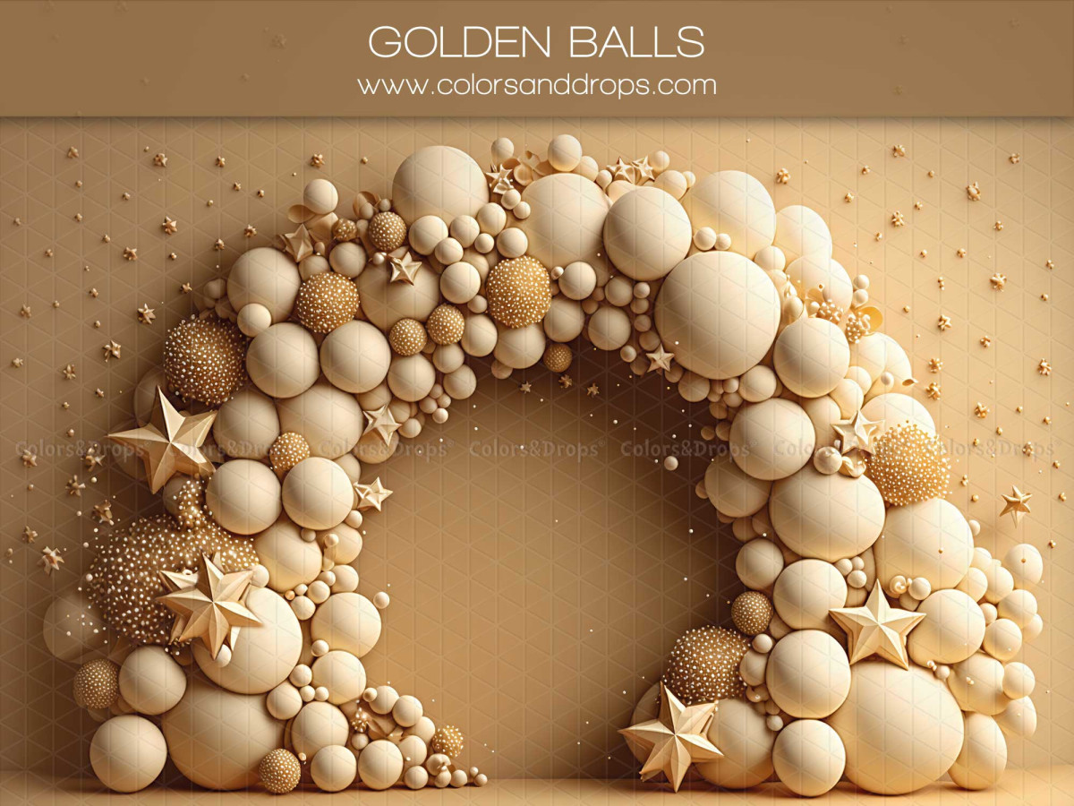 Fondo fotográfico de bebé y smash cake Golden Balls – arco de globos y estrellas de mar dorados | Colors&Drops