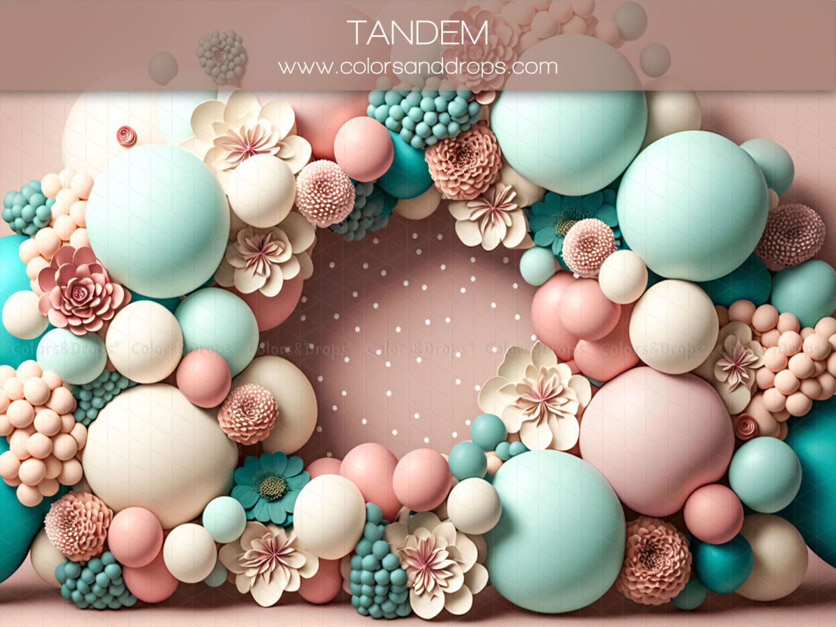 Baby & cake smash photo backdrop Tandem – pastel balloon and flower arch on light wooden floor | Colors&Drops