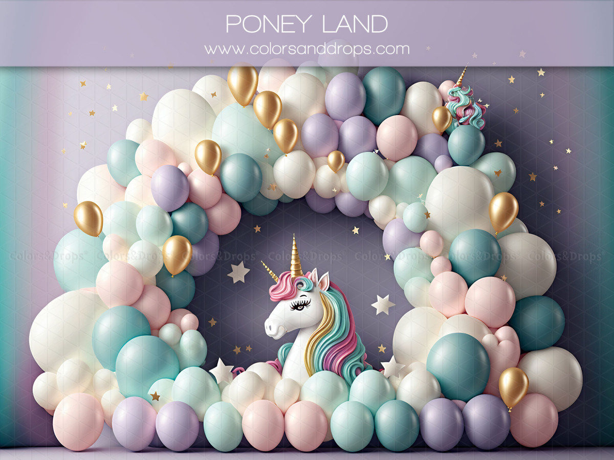 Baby & cake smash photo backdrop Poney Land – pastel balloon arch with unicorn | Colors&Drops