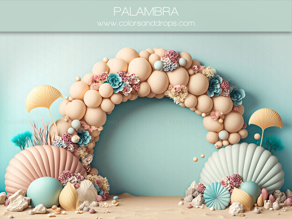 Baby & cake smash photo backdrop Palambra – peach balloon arch with giant seashells | Colors&Drops