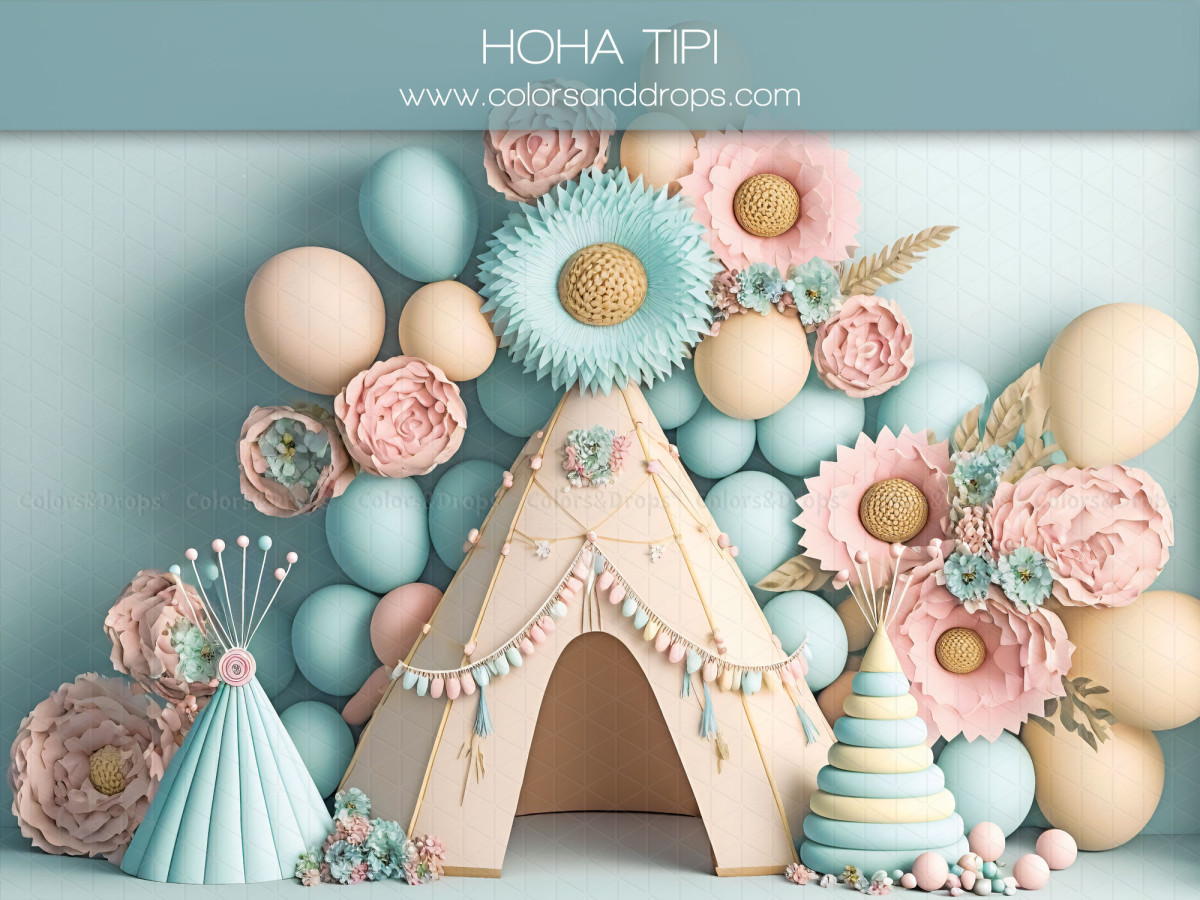 Baby & cake smash photo backdrop Hoha Tipi – teepee with pastel balloons and flowers on turquoise | Colors&Drops
