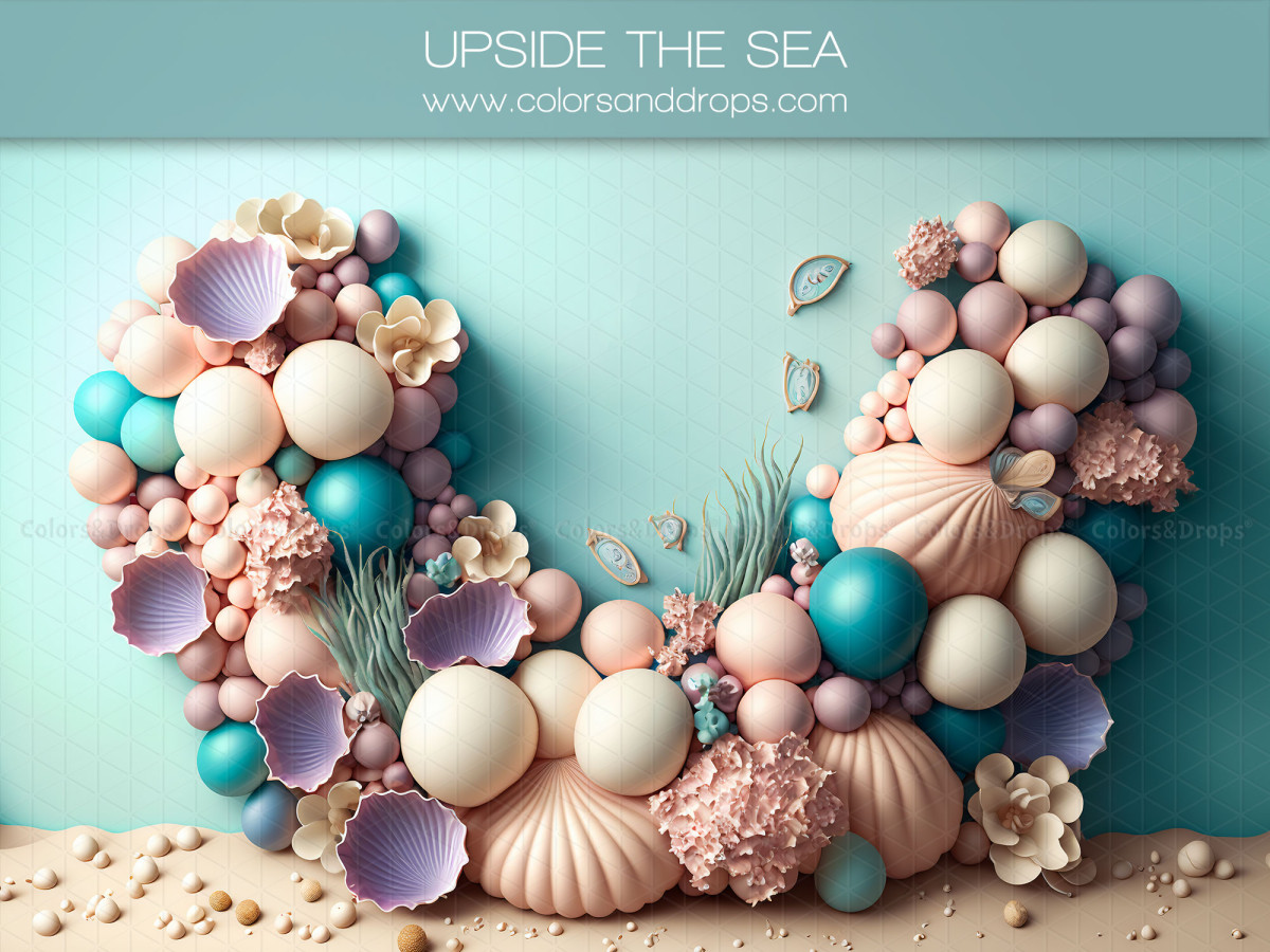 Fond photo bébé et smash cake Upside the Sea – couronne de coquillages et ballons pastel | Colors&Drops