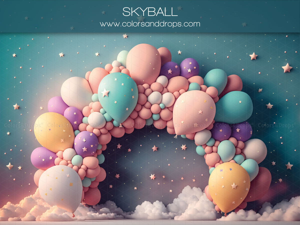 Baby & cake smash photo backdrop Skyball – pastel balloon arch in starry sky with clouds | Colors&Drops
