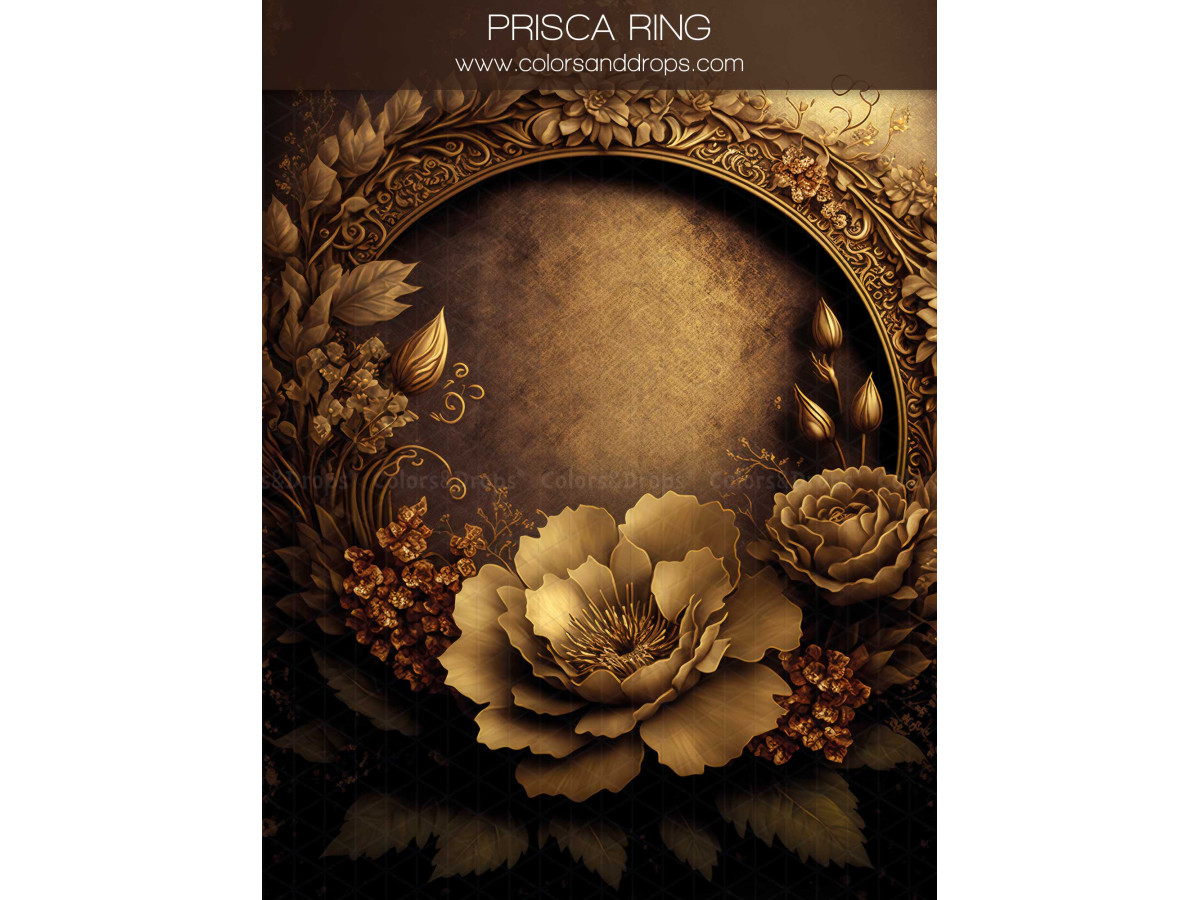 Fond photo grossesse et portrait Prisca Ring – couronne de fleurs dorées sur fond brun sombre | Colors&Drops