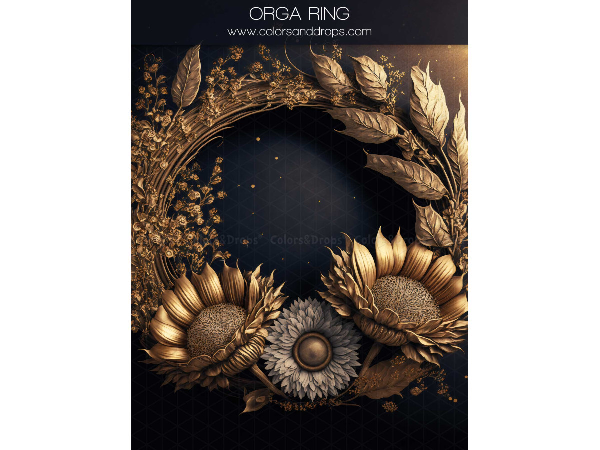Fond photo grossesse et portrait Orga Ring – couronne de tournesols dorés sur fond noir | Colors&Drops