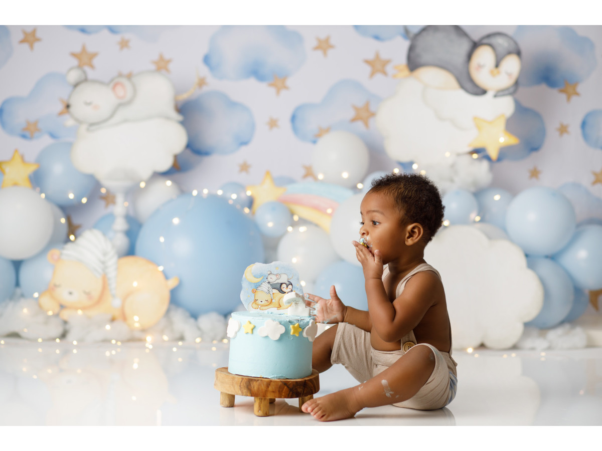 Fond photo bébé et smash cake Cloud & Star – nuages et étoiles avec ballons bleus et peluches | Colors&Drops
