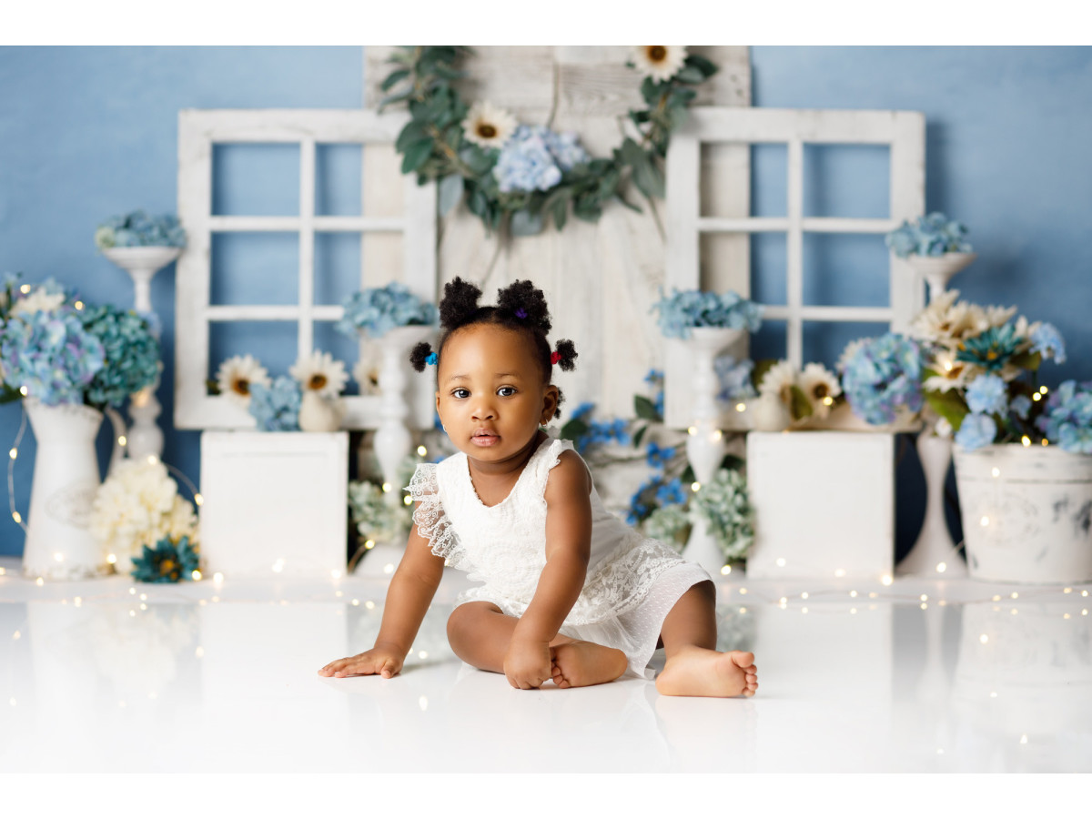 Fond photo bébé et smash cake Hortensia – fenêtres blanches avec hortensias bleus et couronne | Colors&Drops