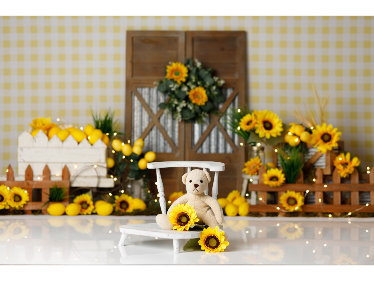 Fond photo bébé et smash cake Citrus Vichy – mur vichy jaune avec porte en bois, tournesols et citrons | Colors&Drops
