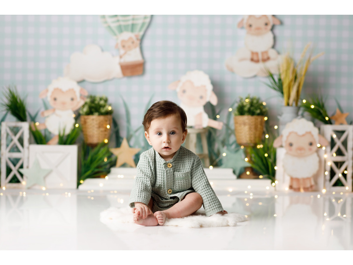 Baby & cake smash photo backdrop Saute Mouton – paper sheep with hot air balloon and lanterns | Colors&Drops