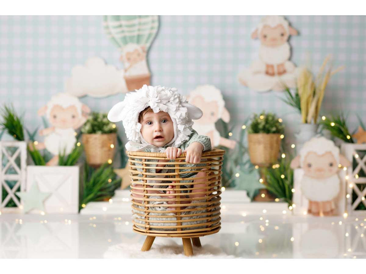 Baby & cake smash photo backdrop Saute Mouton – paper sheep with hot air balloon and lanterns | Colors&Drops