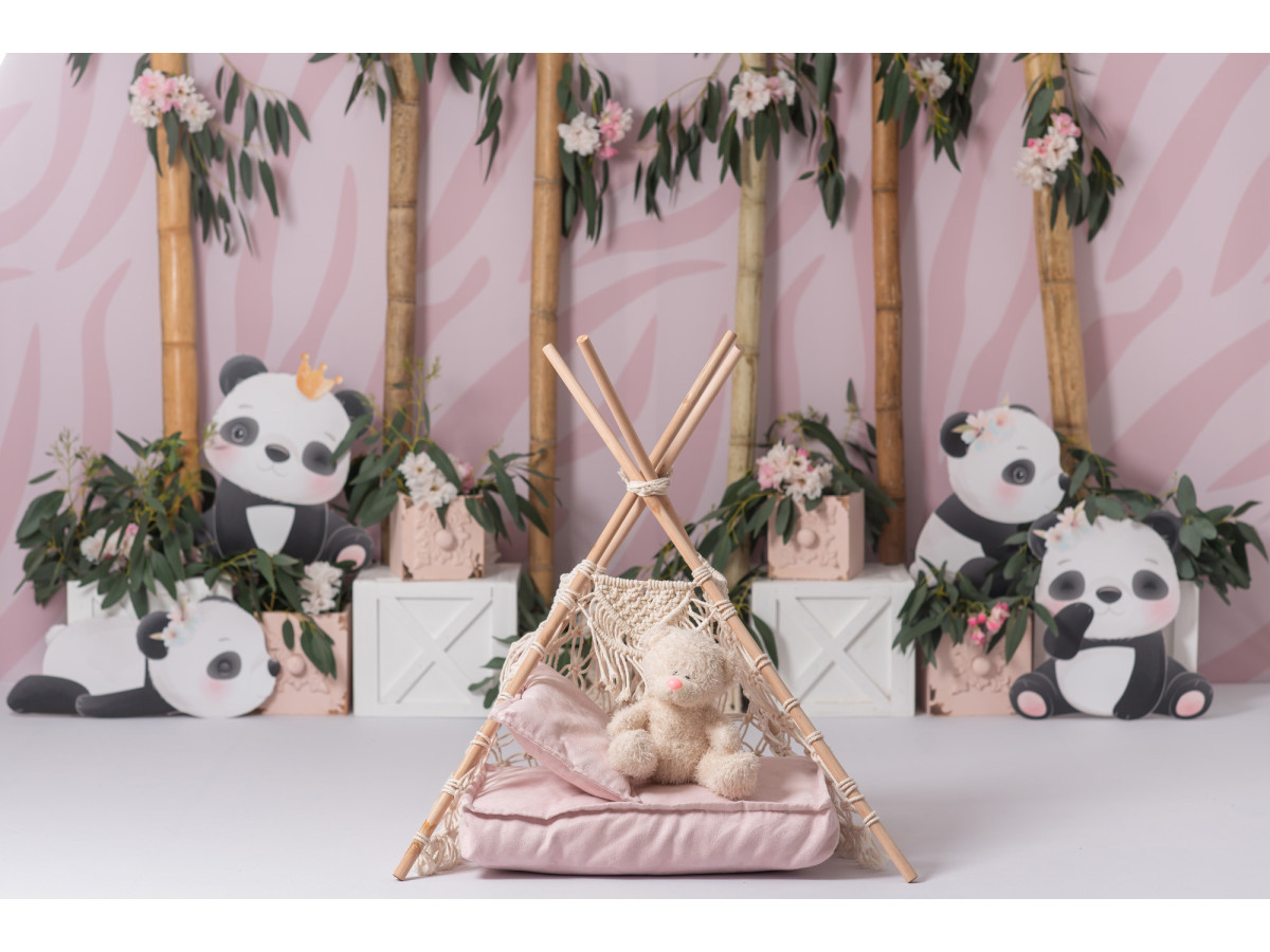 Baby & cake smash photo backdrop Pandi Panda – pink wall with bamboo and plush pandas | Colors&Drops