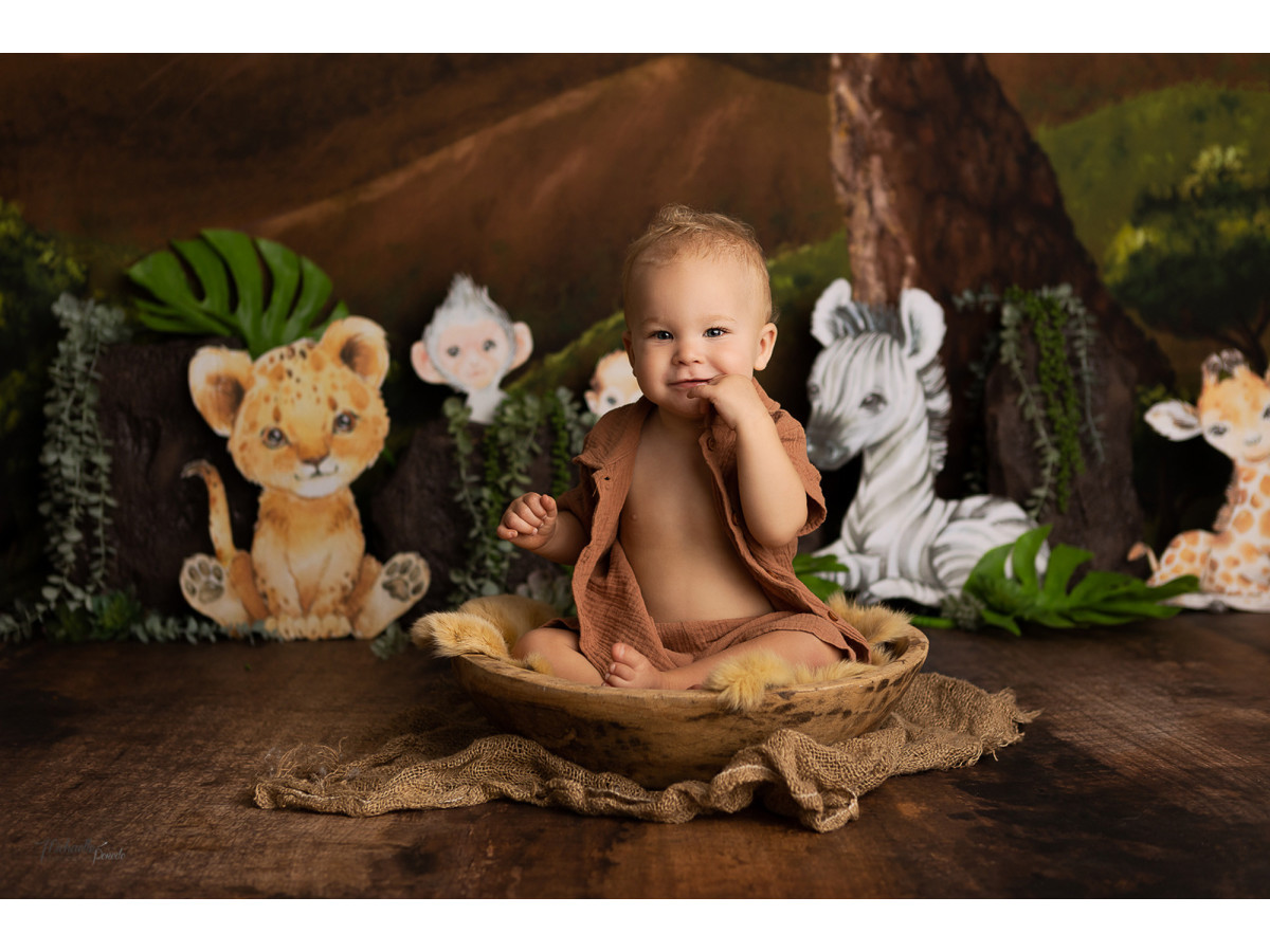 Baby & cake smash photo backdrop Petit Lion – savanna at sunset with lion cub, zebra and giraffe | Colors&Drops