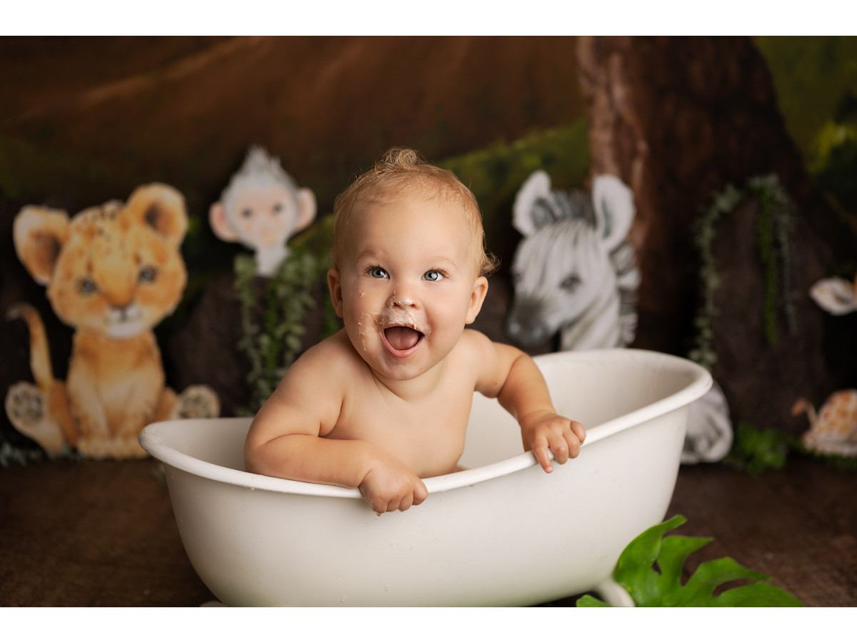 Baby & cake smash photo backdrop Petit Lion – savanna at sunset with lion cub, zebra and giraffe | Colors&Drops