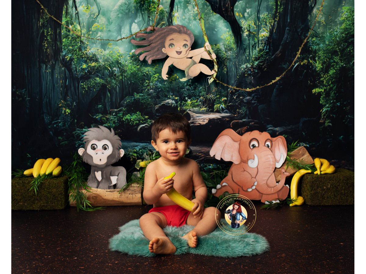 Fondo fotográfico de bebé y smash cake King of Jungle – selva pintada con niño en una liana, mono y elefante | Colors&Drops