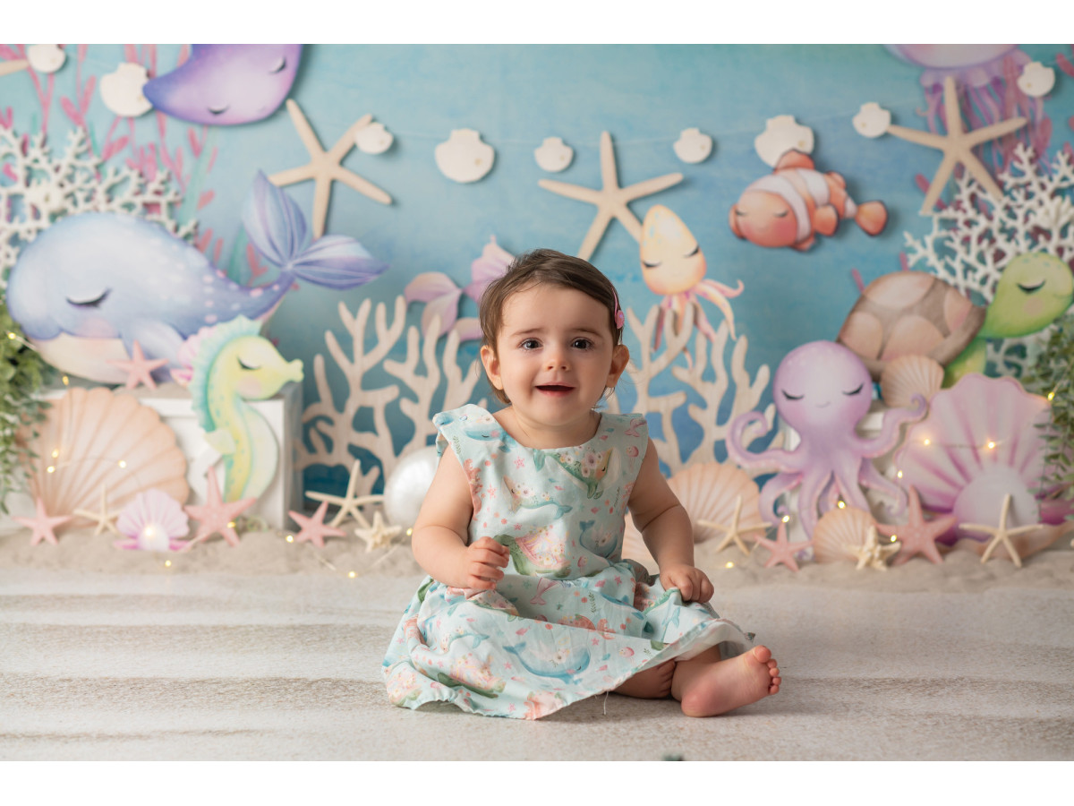 Fond photo bébé et smash cake Medusa – fond marin aquarelle avec poissons, coraux et pieuvre | Colors&Drops