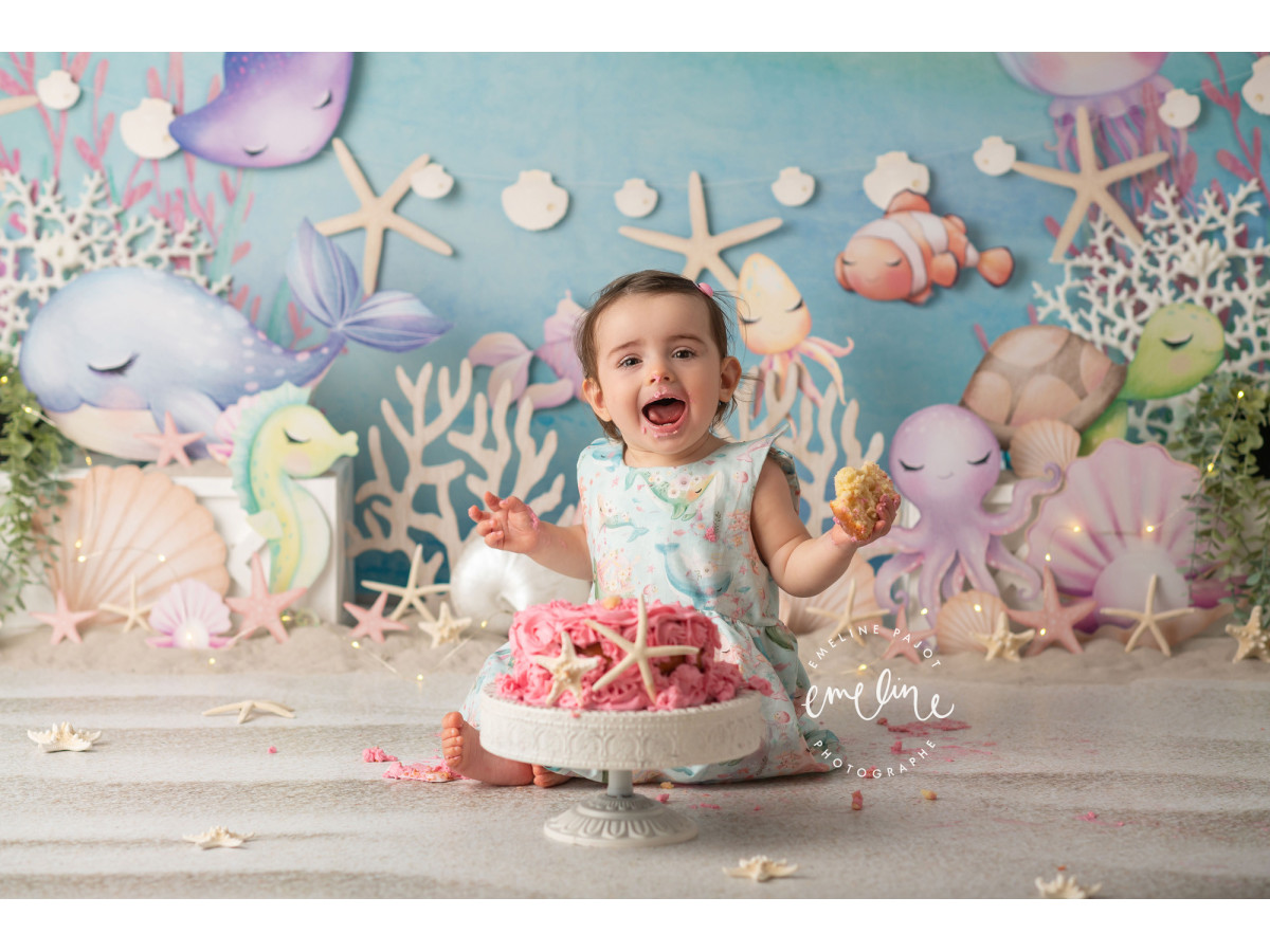 Fond photo bébé et smash cake Medusa – fond marin aquarelle avec poissons, coraux et pieuvre | Colors&Drops