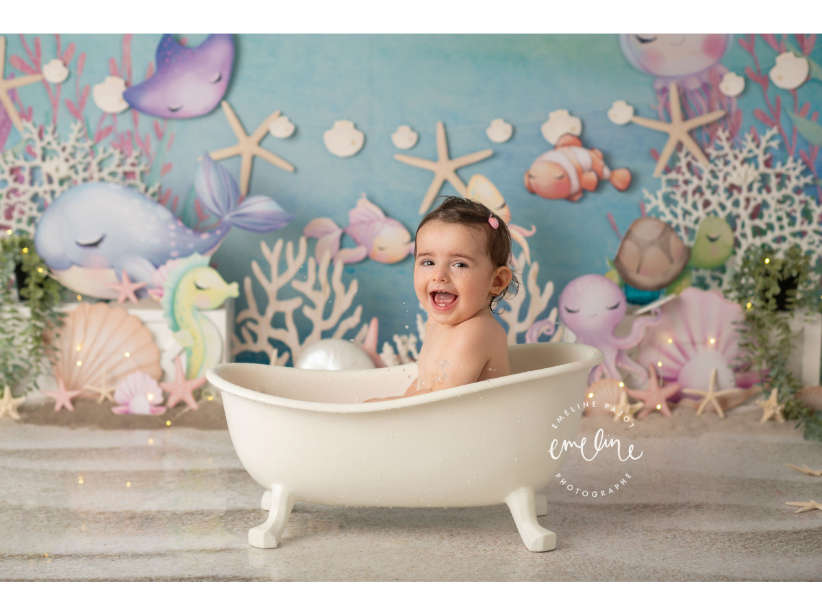 Fond photo bébé et smash cake Medusa – fond marin aquarelle avec poissons, coraux et pieuvre | Colors&Drops