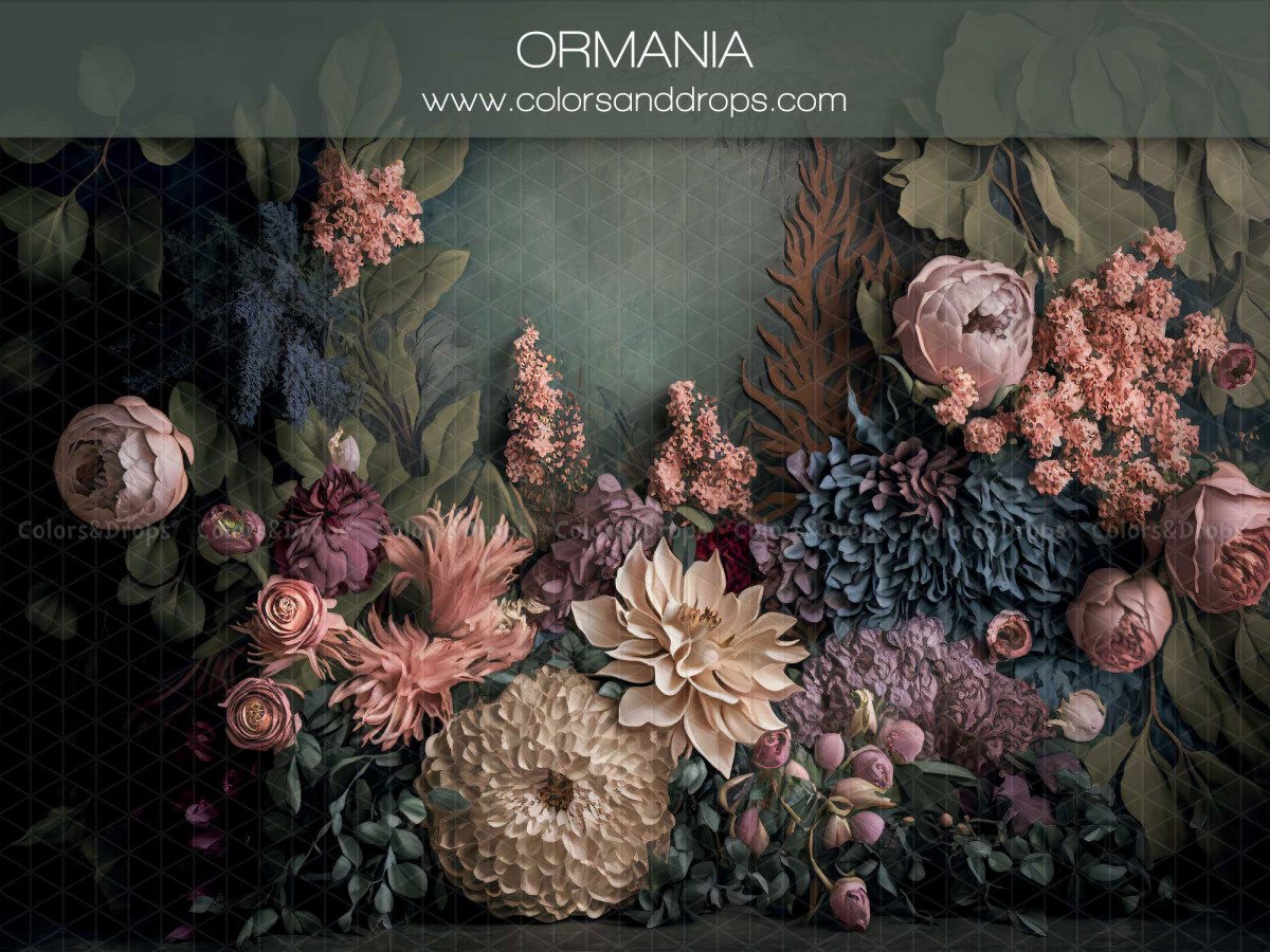 Fondo fotográfico de embarazo y retrato Ormania – muro de flores rosas y malvas sobre fondo verde oscuro | Colors&Drops