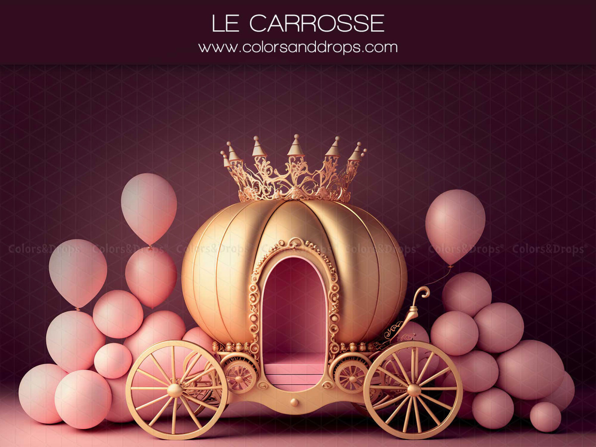 Baby & cake smash photo backdrop Le Carrosse – gold pumpkin carriage with pink balloons | Colors&Drops