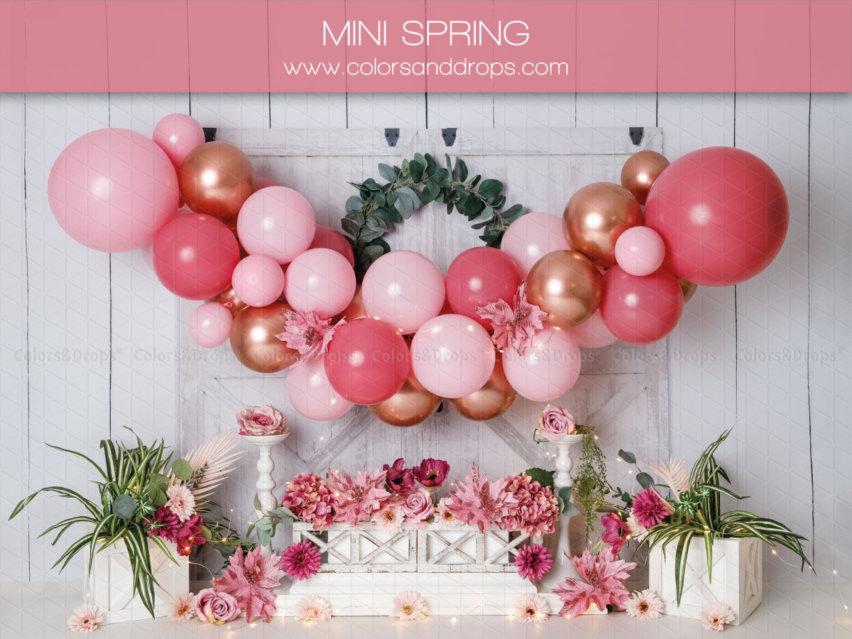 Fond photo bébé et smash cake Mini Spring – arche de ballons roses avec couronne sur bois blanc | Colors&Drops