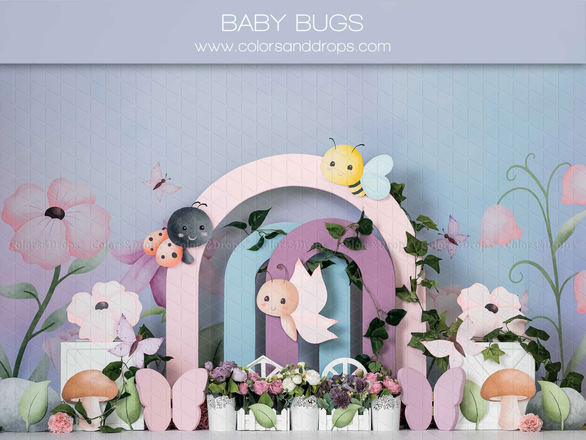 Fond photo bébé et smash cake Baby Bugs – jardin d'insectes pastel avec arche arc-en-ciel et fleurs | Colors&Drops