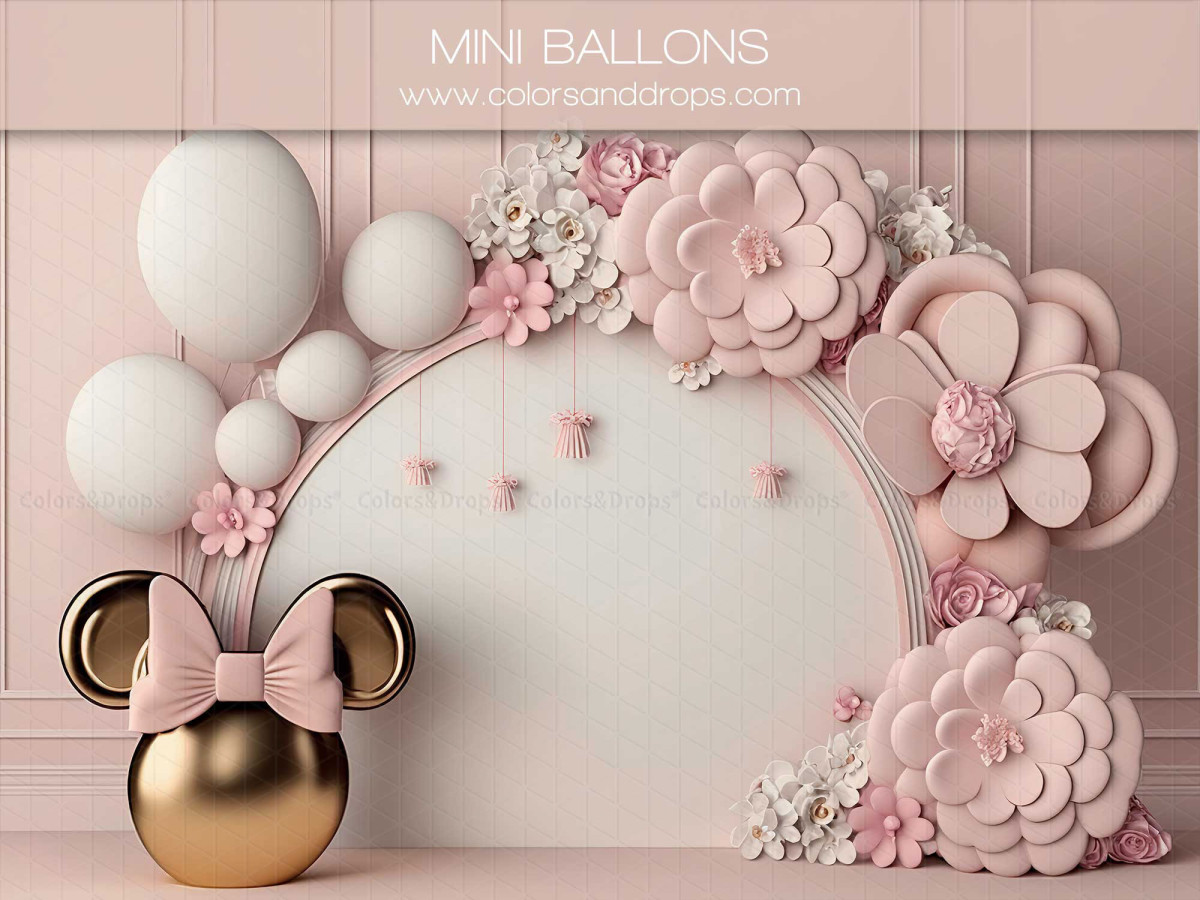 Fond photo bébé et smash cake Mini Ballons – arche ronde blanche avec ballons et fleurs en papier roses | Colors&Drops
