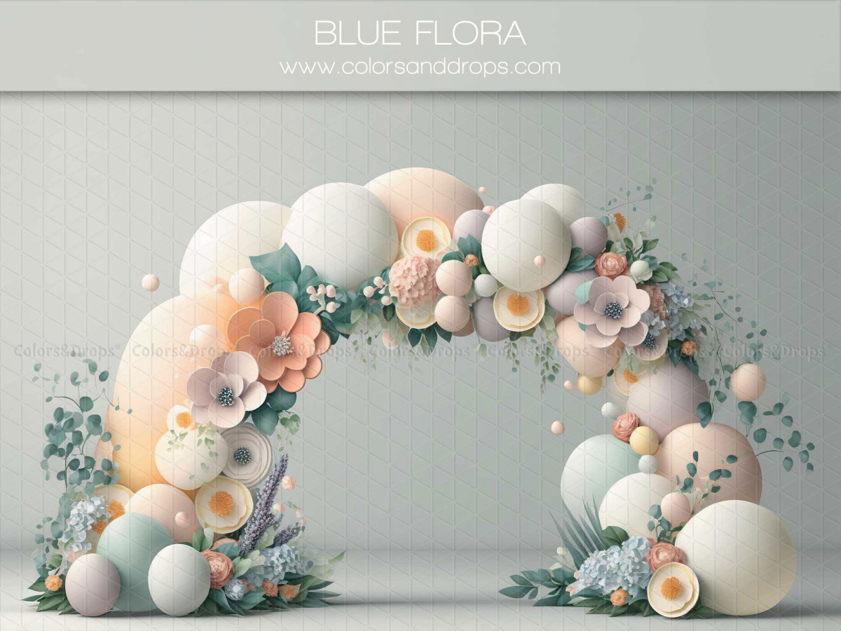 Baby & cake smash photo backdrop Blue Flora – pastel balloon and flower arch on light grey background | Colors&Drops