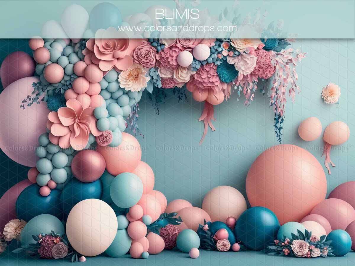 Baby & cake smash photo backdrop Blimis – pink and blue balloon arch with flowers | Colors&Drops