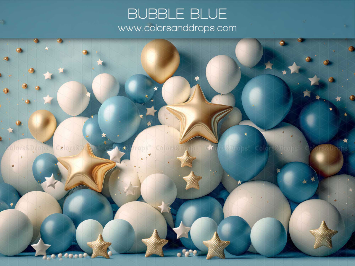 Fondo fotográfico de bebé y smash cake Bubble Blue – muro de globos azules y crema con estrellas doradas | Colors&Drops