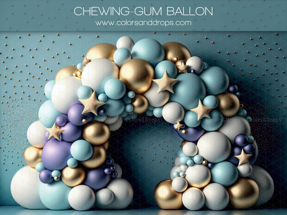 Fond photo bébé et smash cake Chewing-Gum Ballon – arche de ballons turquoise, violets et dorés avec étoiles | Colors&Drops