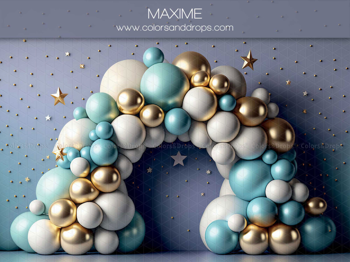 Fondo fotográfico de bebé y smash cake Maxime – arco de globos turquesa y dorados sobre fondo estrellado | Colors&Drops