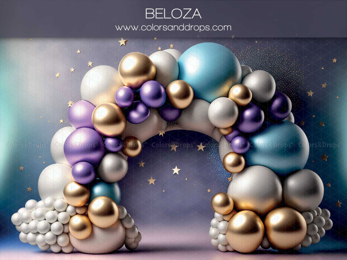 Fond photo bébé et smash cake Beloza – arche de ballons violets, bleus et dorés sur fond étoilé | Colors&Drops