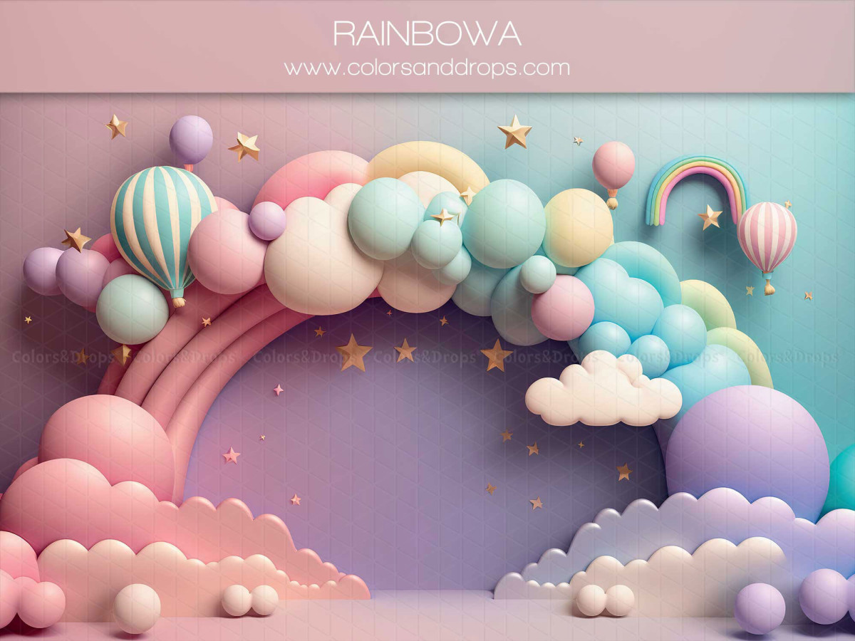 Baby & cake smash photo backdrop Rainbowa – pastel rainbow with balloons, clouds and hot air balloons | Colors&Drops