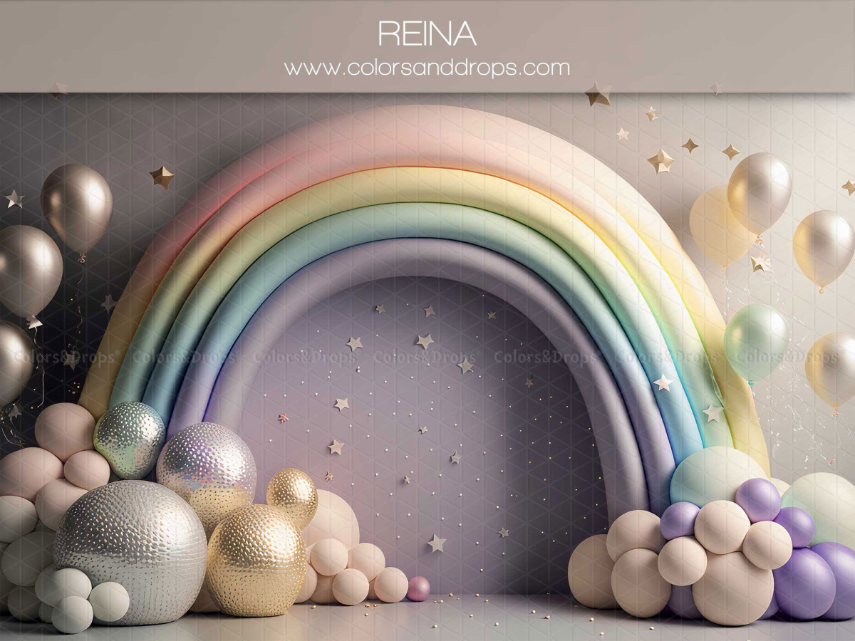 Baby & cake smash photo backdrop Reina – large pastel rainbow with silver and gold balloons | Colors&Drops