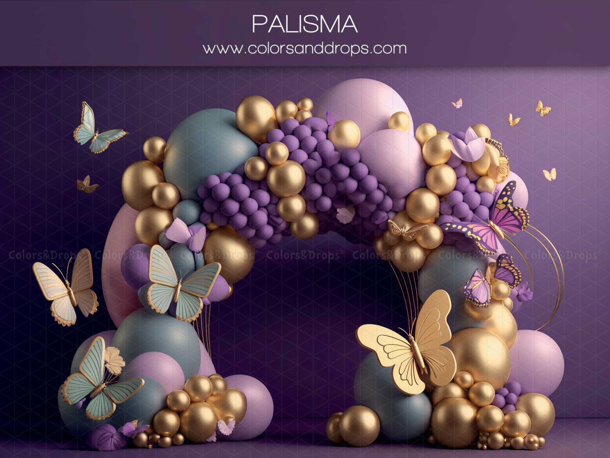 Baby & cake smash photo backdrop Palisma – purple and gold balloon arch with butterflies | Colors&Drops