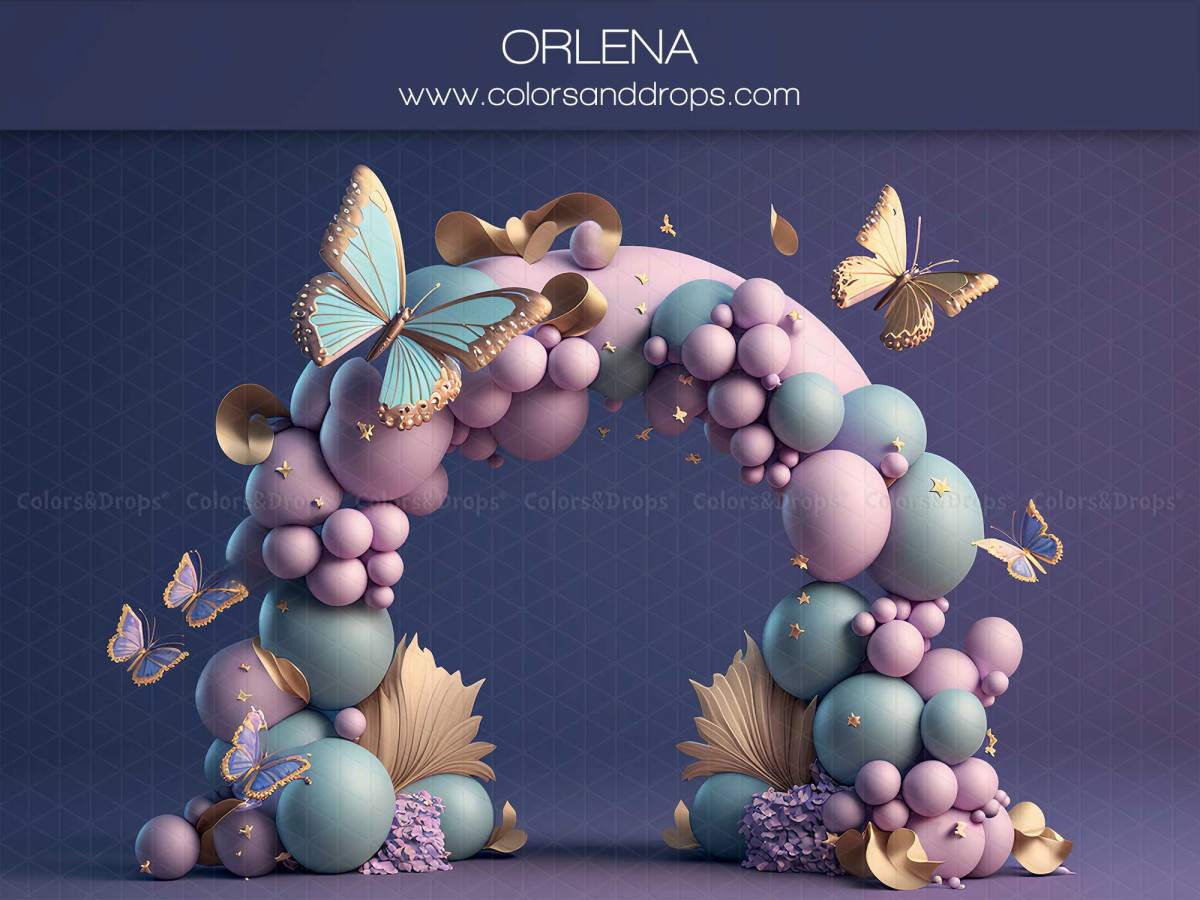 Baby & cake smash photo backdrop Orlena – pastel balloon arch with butterflies on indigo background | Colors&Drops