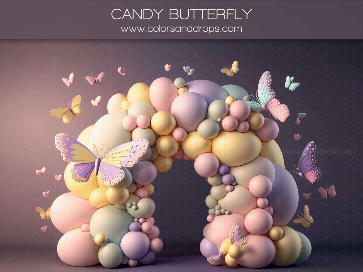 Fondo fotográfico de bebé y smash cake Candy Butterfly – arco de globos pastel con mariposas sobre fondo malva | Colors&Drops