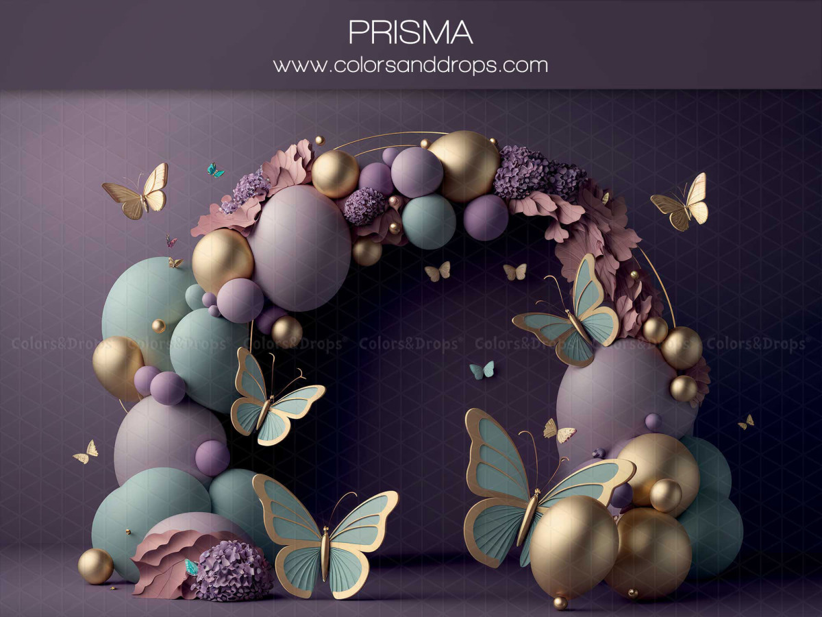 Fond photo bébé et smash cake Prisma – arche de ballons et papillons dorés sur fond violet | Colors&Drops