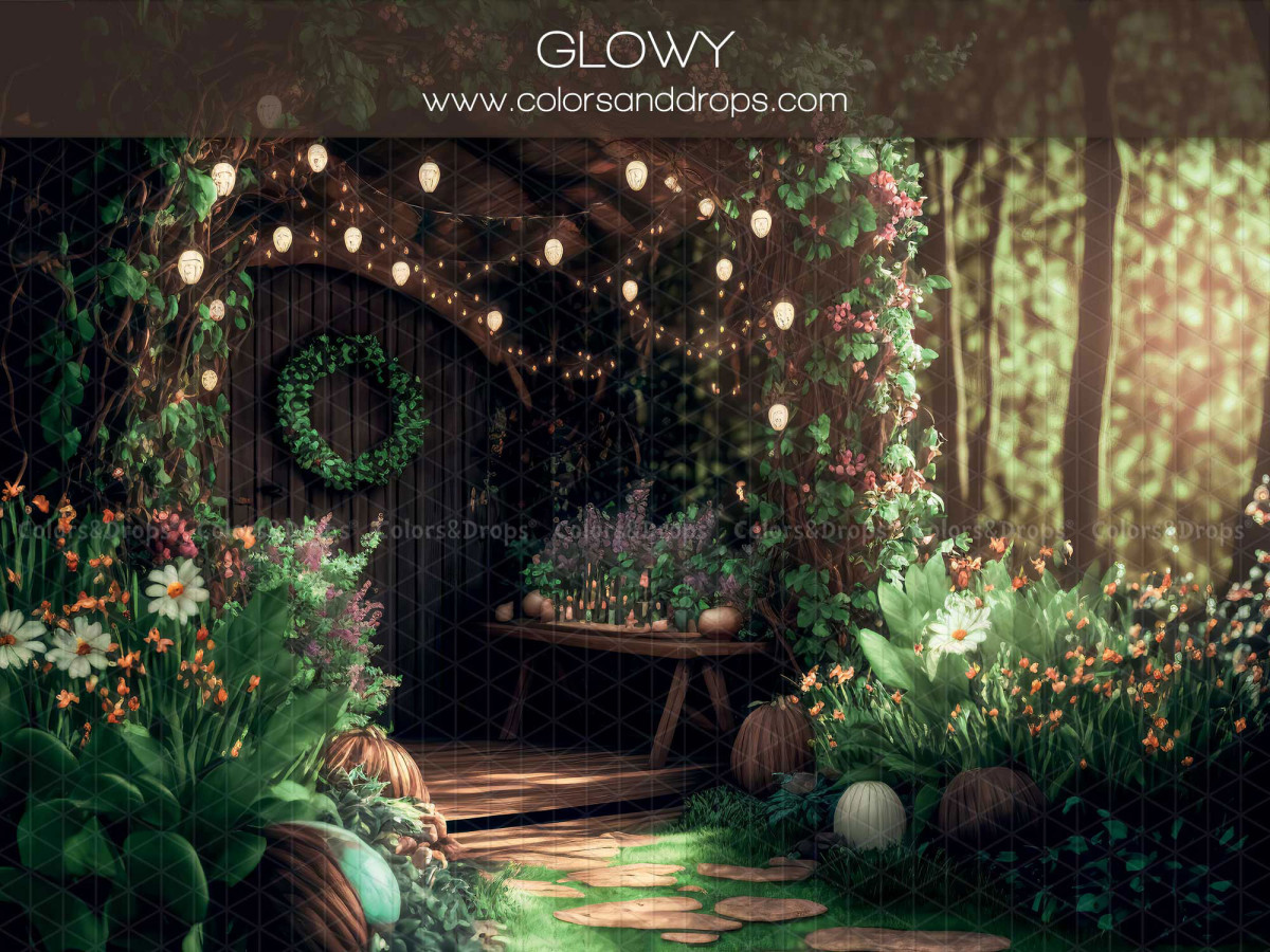 Fondo fotográfico de otoño Glowy – jardín mágico con pérgola iluminada y flores | Colors&Drops