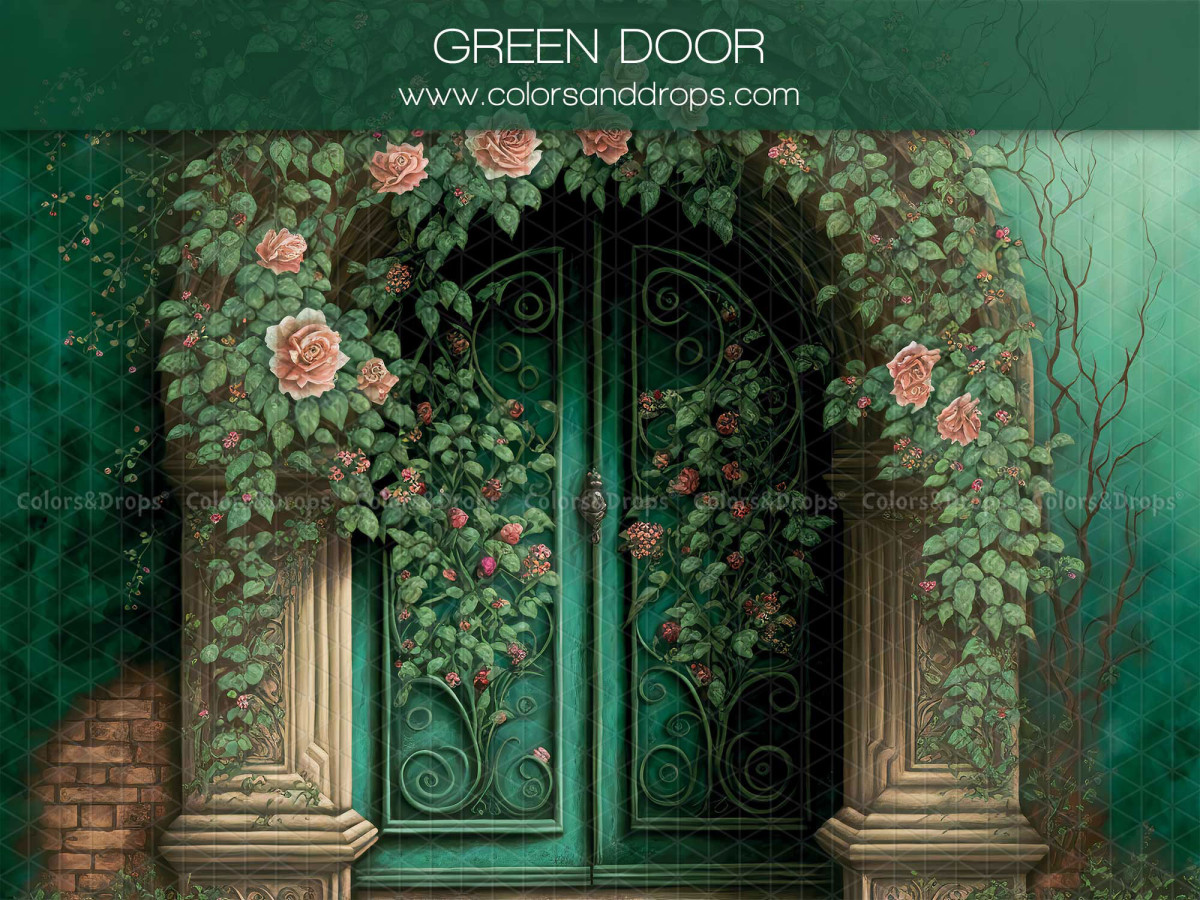 Spring photo backdrop Green Door – green arched door covered in roses and ivy | Colors&Drops