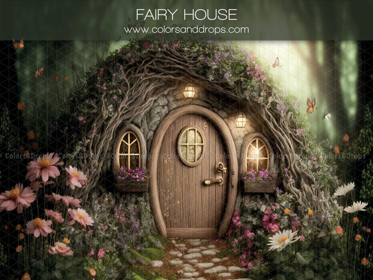 Autumn photo backdrop Fairy House – fairy house in a tree stump with pink flowers | Colors&Drops