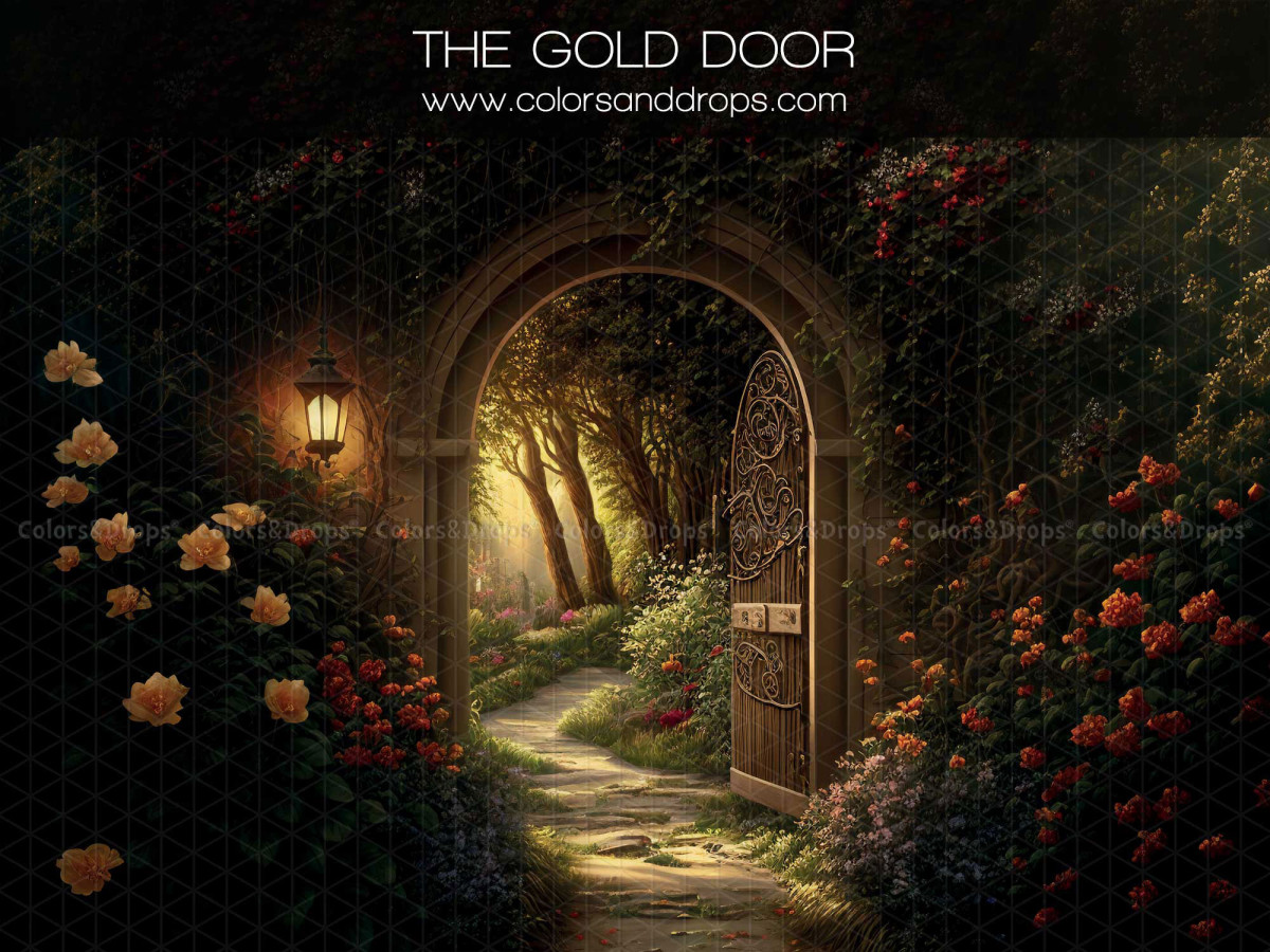 Fond photo d'automne The Gold Door – porte dorée ouverte sur chemin forestier fleuri | Colors&Drops