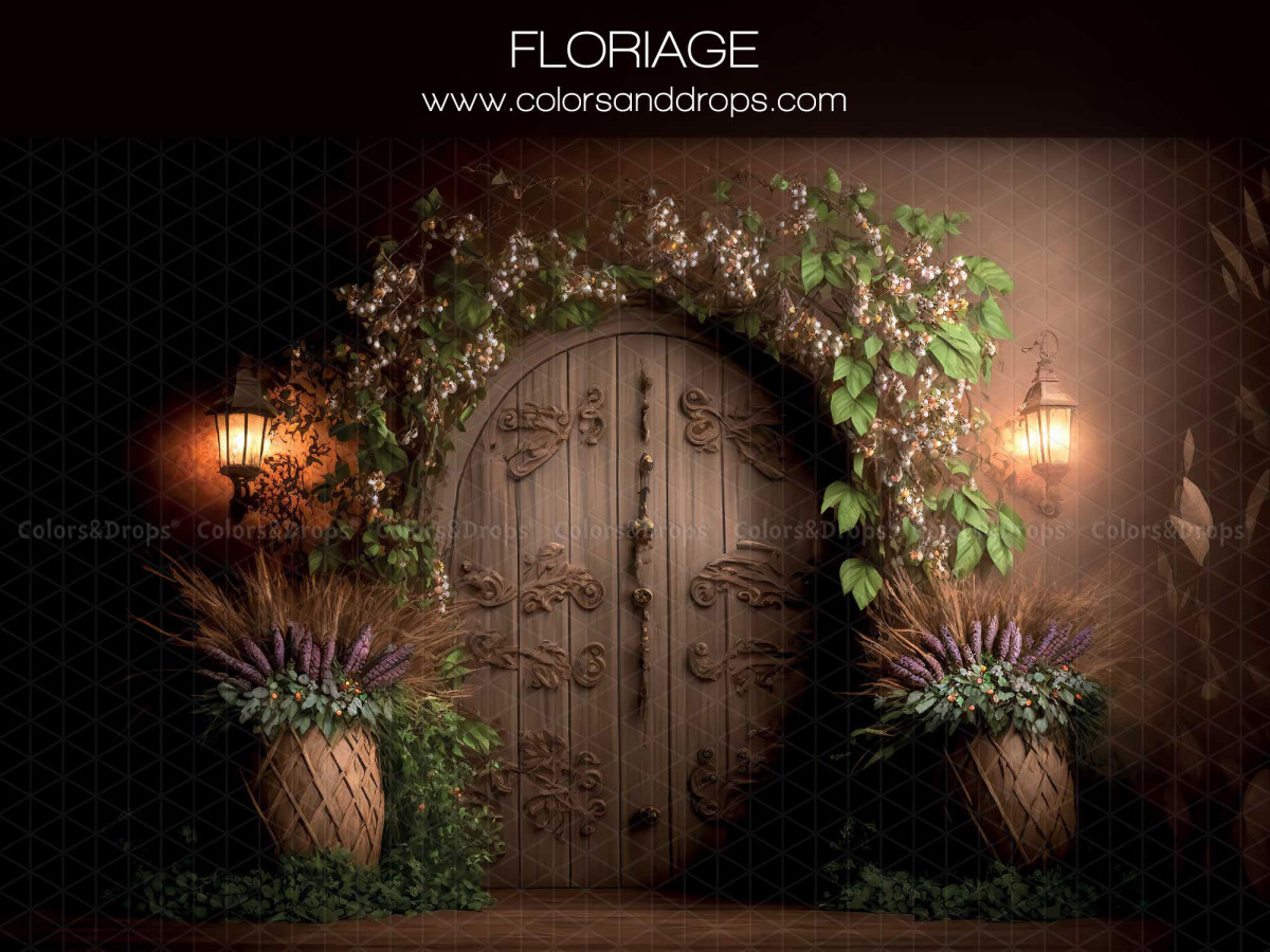 Autumn photo backdrop Floriage – flowery arched wooden door with lanterns and pots | Colors&Drops