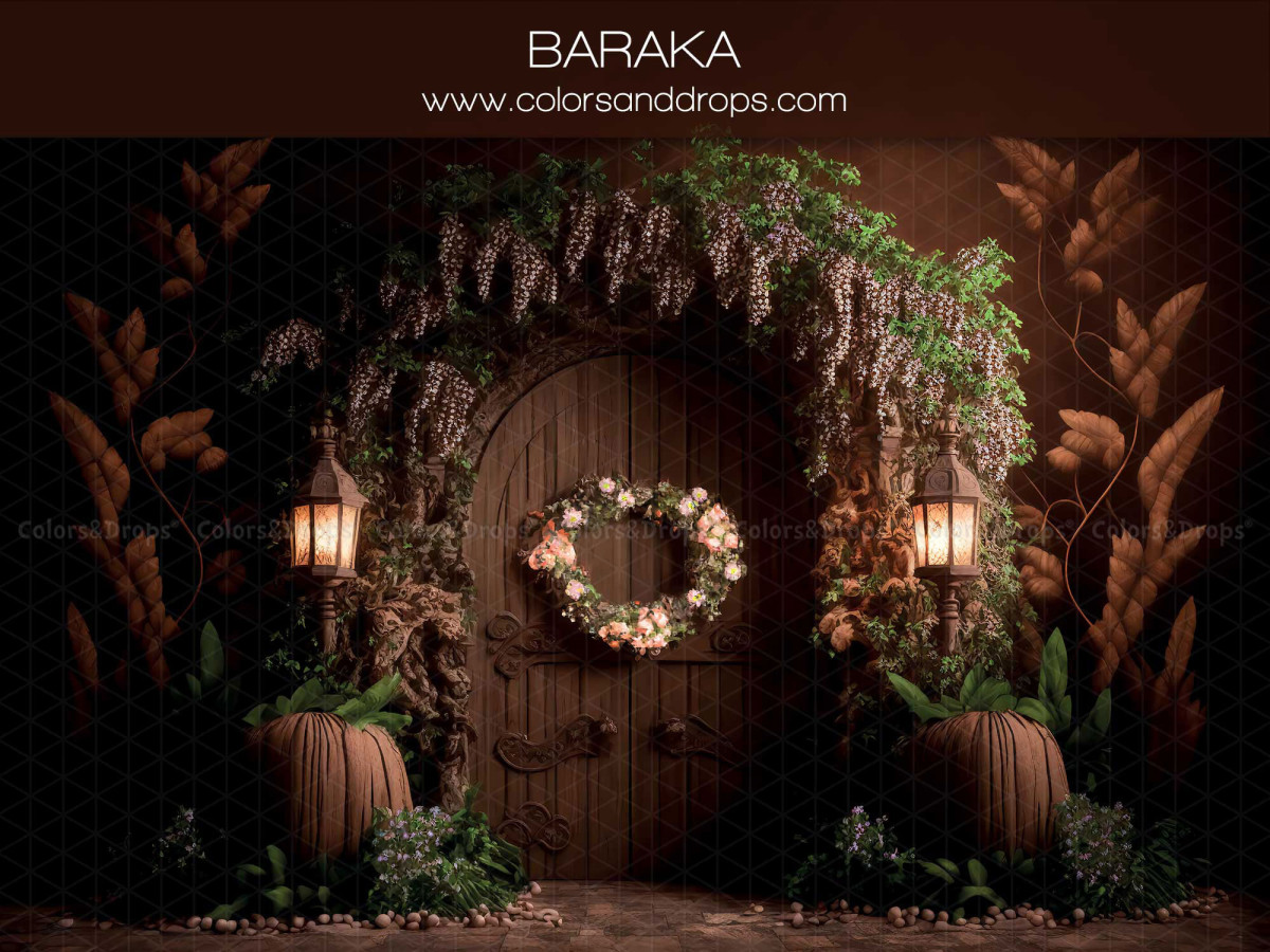 Autumn photo backdrop Baraka – wooden door with wreath, flower arch and lanterns | Colors&Drops