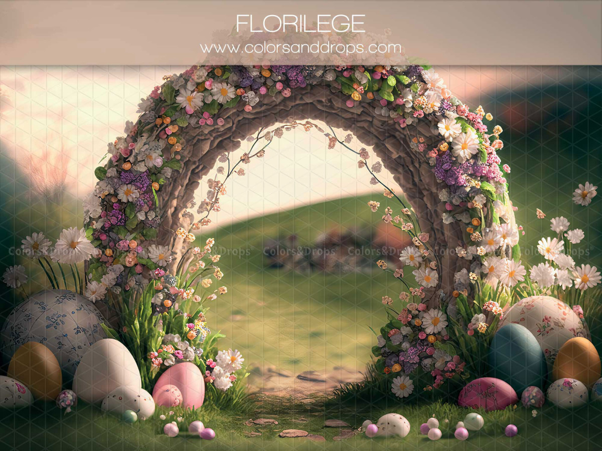 Easter photo backdrop Florilege – floral arch in a meadow with Easter eggs | Colors&Drops