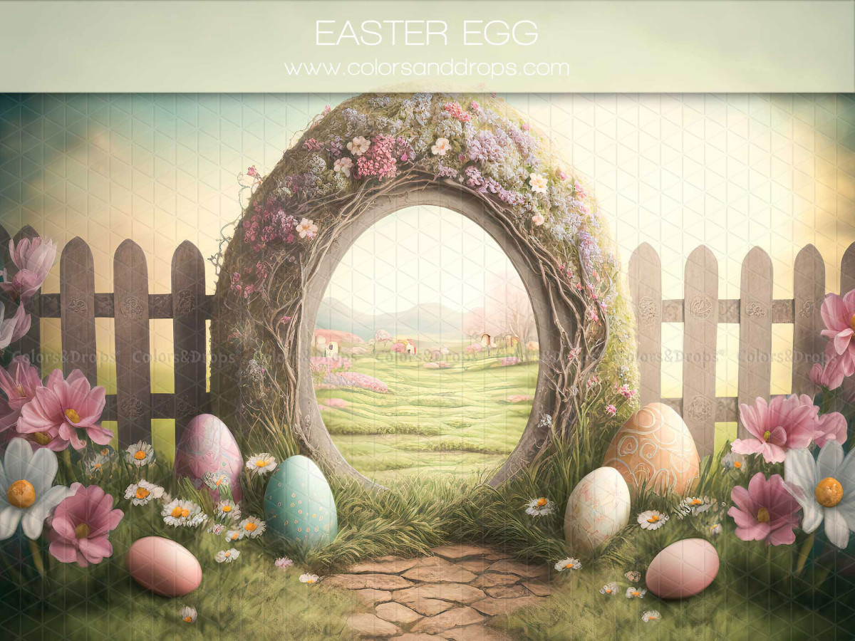 Photo backdrop Easter Egg – floral arch with wooden fence and Easter eggs | Colors&Drops