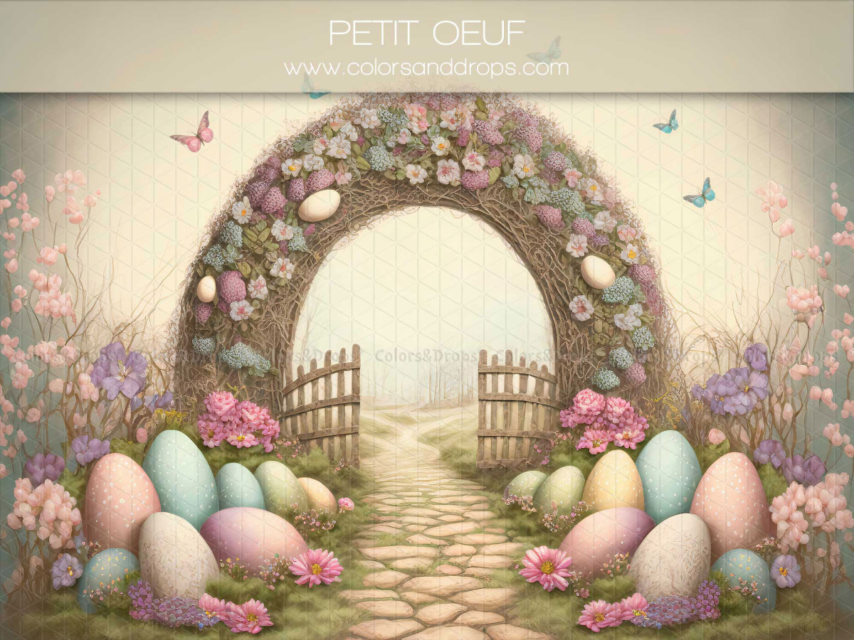 Fondo fotográfico de Pascua Petit Oeuf – arco floral sobre camino empedrado con huevos de Pascua | Colors&Drops